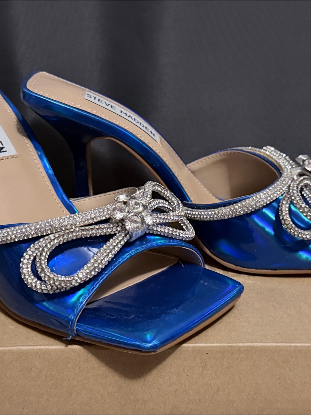 Steve Madden Iridescent Blue Gem Bow Slide Heels
